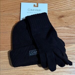 Calvin Klein Black Knit Gloves and Beanie